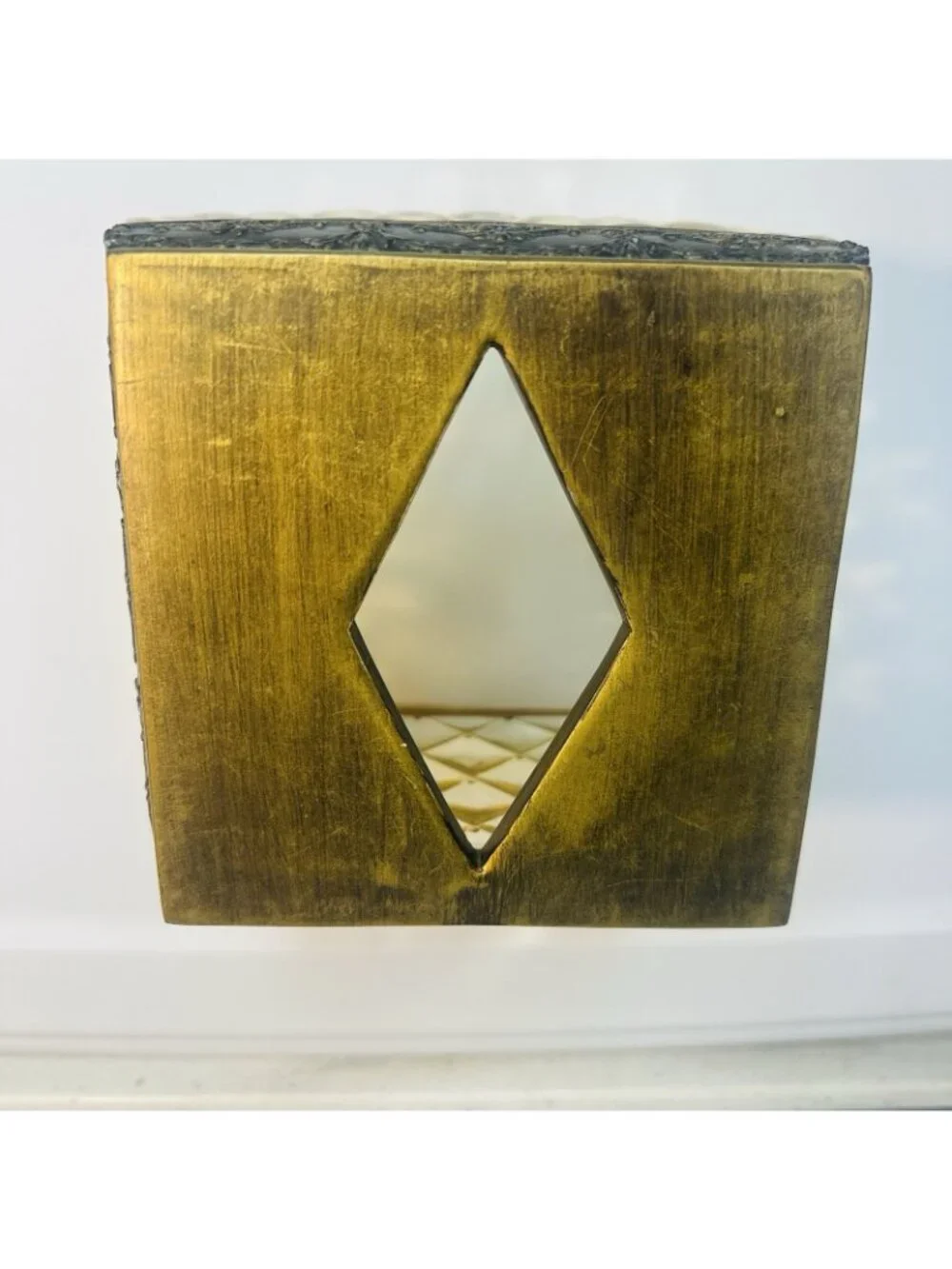 Vintage Amber Heavy Lucite Acrylic Square Tissue Box Holder Gold Ornate Regency